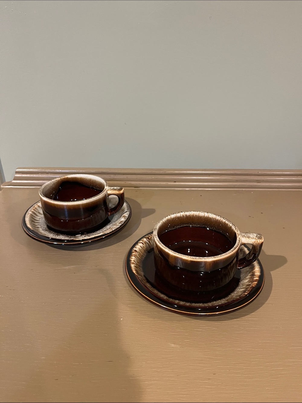 Vintage Pfaltzgraf USA Brown Drip Glaze Coffee cup and saucers set of 2.